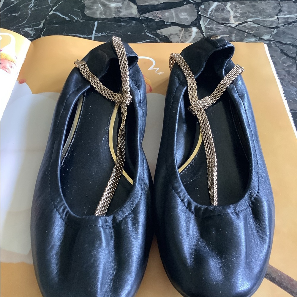 Lanvin ballerine avec black lambskin leather gold ankle chain strap sz 40.5